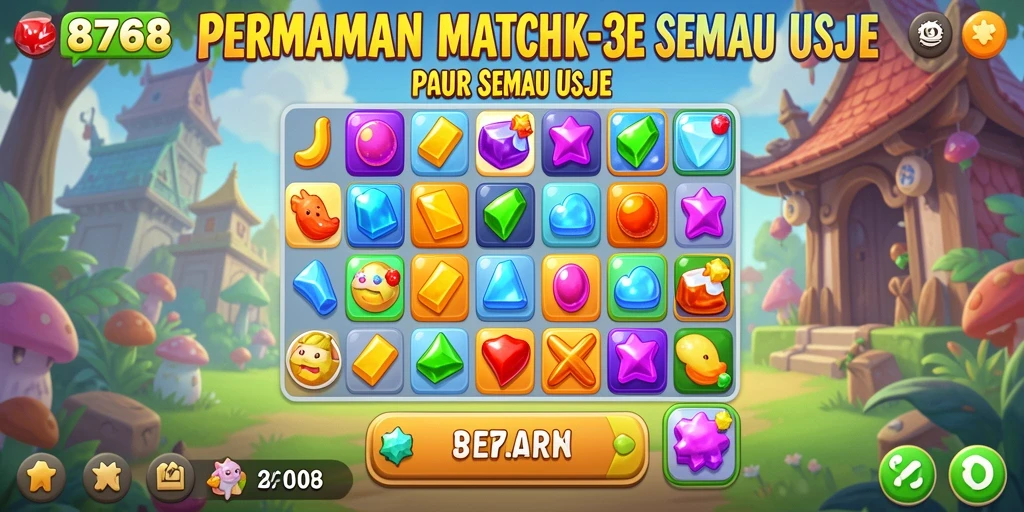 Tampilan menarik dengan kombinasi warna dan permata dalam gameplay Match-3.