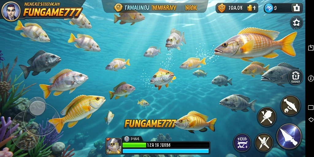 Tampilan gameplay FUNGame777 dengan aksi menembak ikan yang seru.