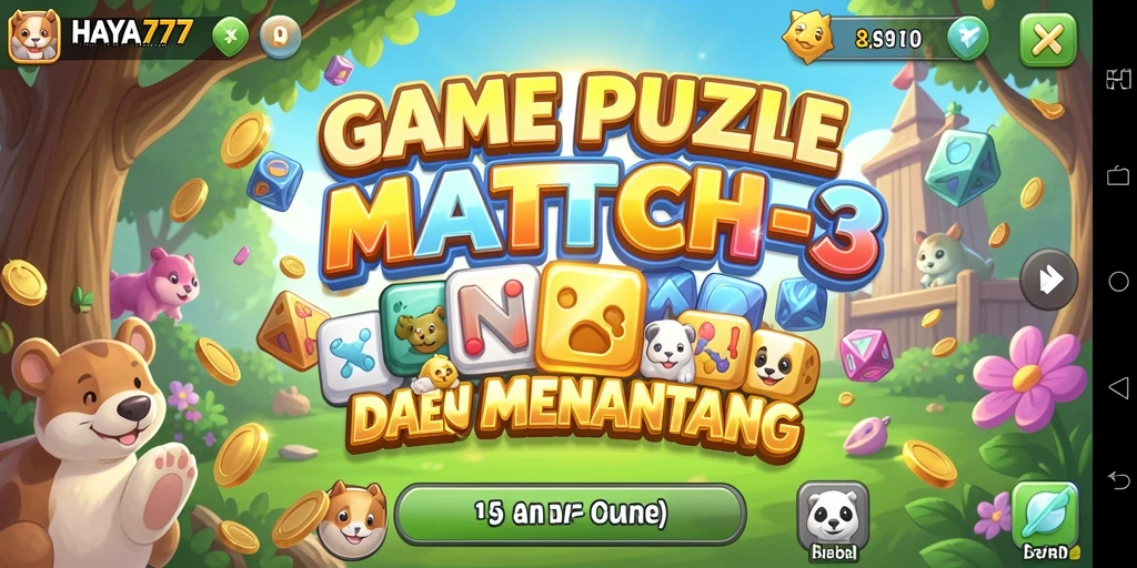 Screenshot utama HAYA777 menampilkan gameplay Match-3 yang seru.
