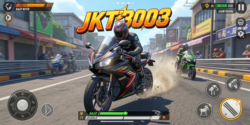 Screenshot JKT303 menunjukkan aksi balapan yang mendebarkan dengan motor yang kencang.