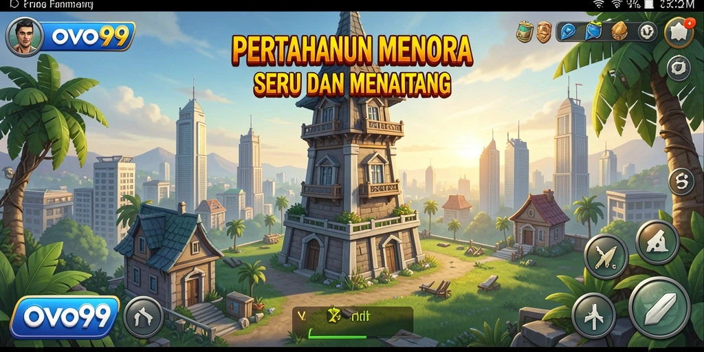 Screenshot gameplay OVO99 menunjukkan menara bertahan melawan gelombang musuh.