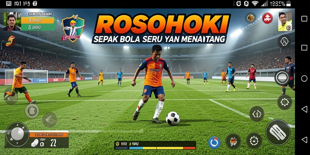Screenshot utama ROSOHOKI menampilkan pertandingan sepak bola yang dinamis dan mendebarkan.