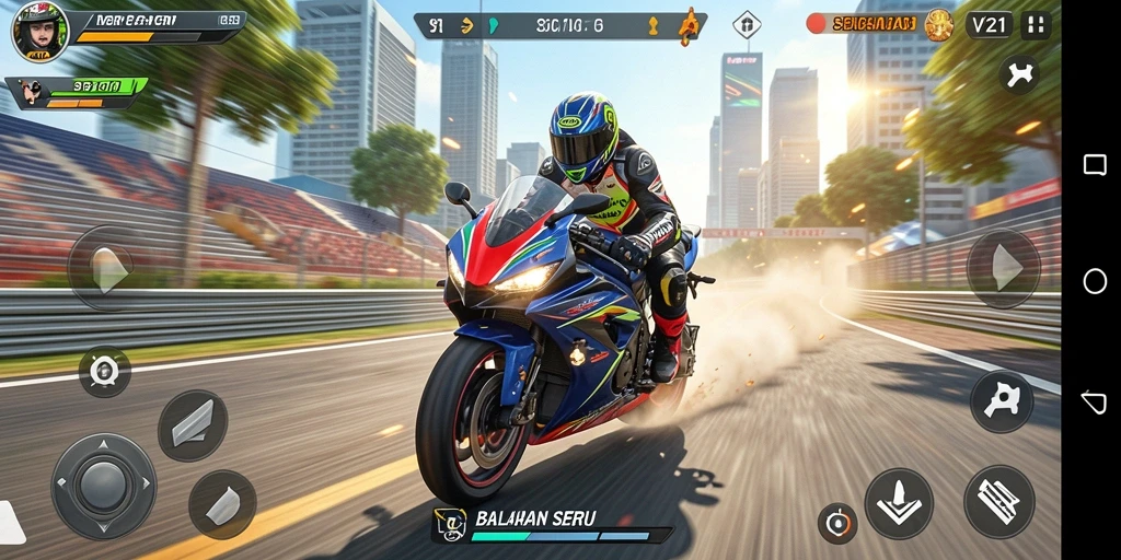 Gameplay menarik V21 dengan aksi balapan motor seru.